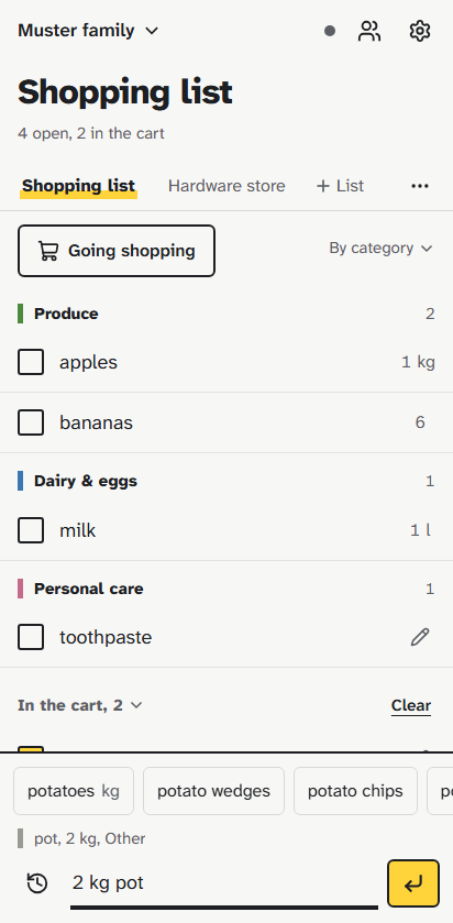 The add bar with a typed entry and suggestions below it