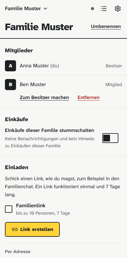 Die Familienseite mit zwei Mitgliedern und den Einladungsoptionen