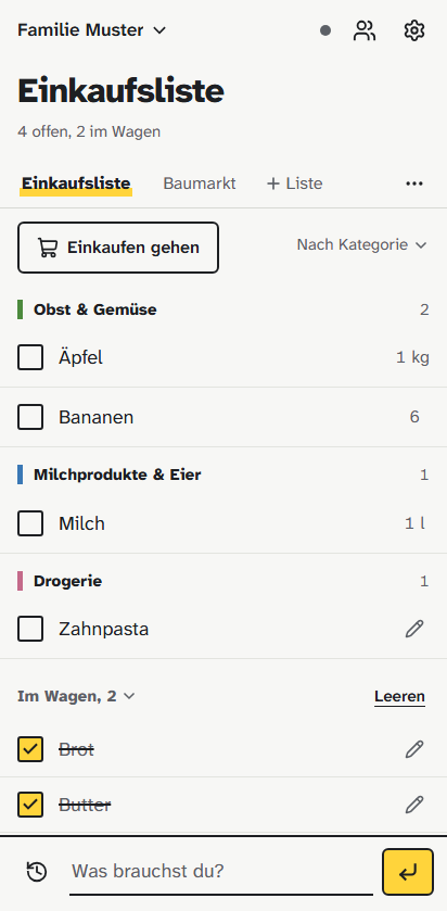 Die Familienliste mit Artikeln nach Kategorien und zwei Artikeln im Wagen