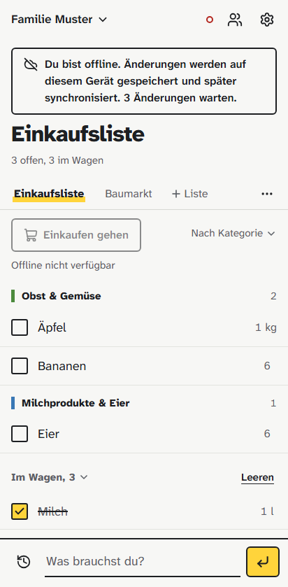 Die Liste offline, mit einem Hinweis auf drei Änderungen, die noch synchronisiert werden